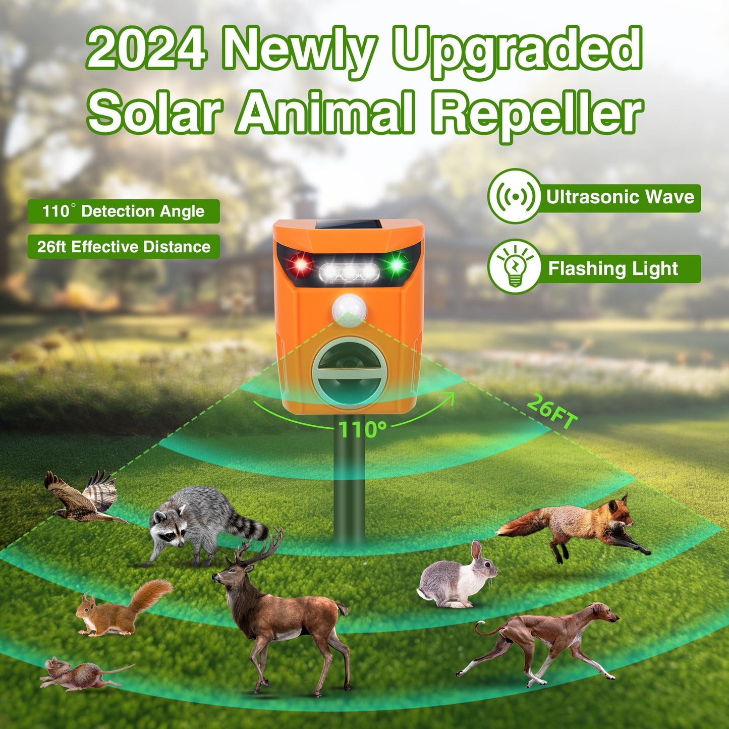 Solar Ultrasonic Animal Repeller in Orange - Eco-friendly Pest Deterrent for Outdoor Spaces