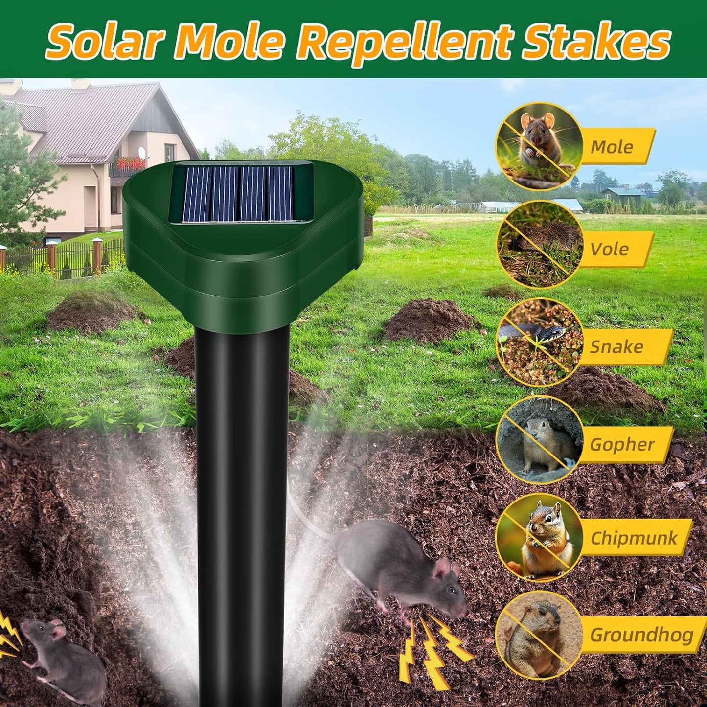 4 Pack Solar Mole Repellent Stakes - Get Rid of Moles, Groundhogs, Chipmunks