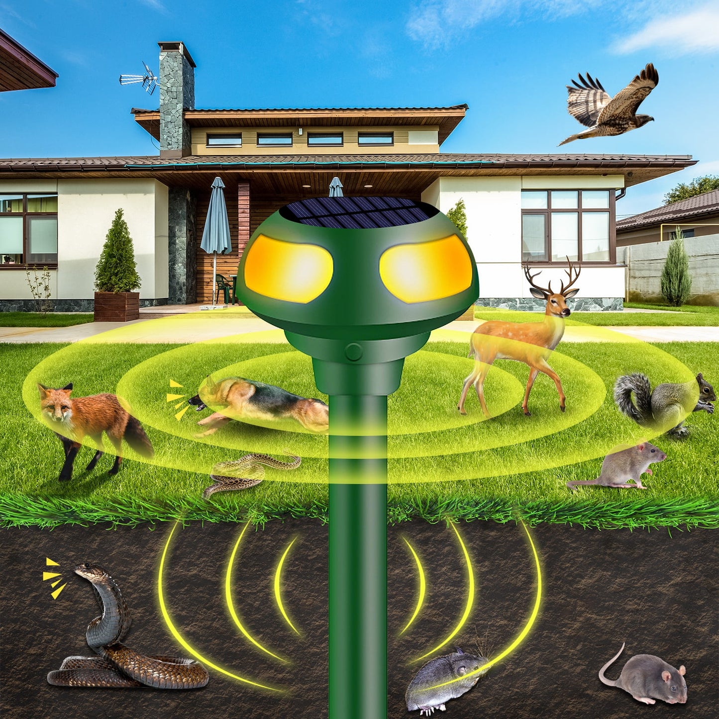 Solar Animal Repeller, 2 Pack Outdoor with Vibration Nocturnal Flash Light Predator Deter for Yard Farm