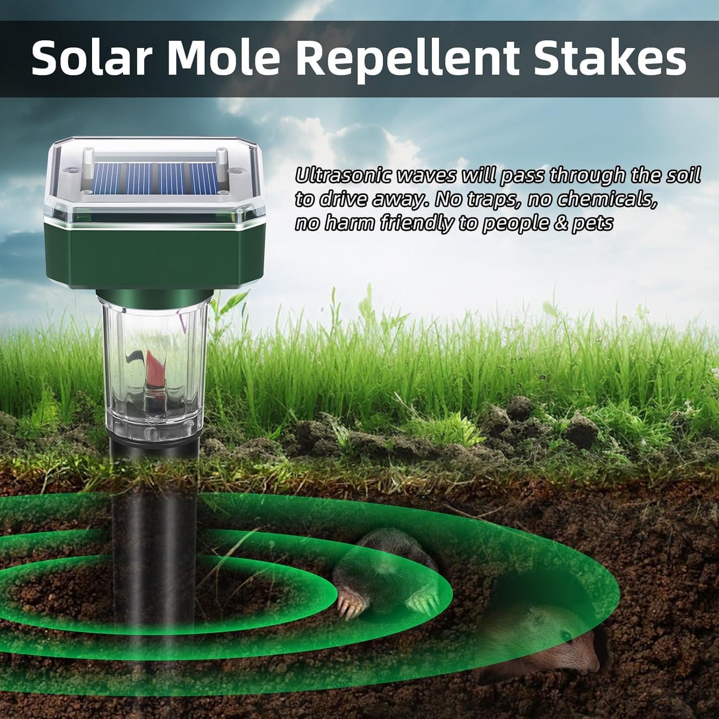 8 Pack Mole Repellent Solar Powered Ultrasonic Chipmunk Deterrent Snake Gopher Vole Repellents Outdoor Waterproof Garden Protection