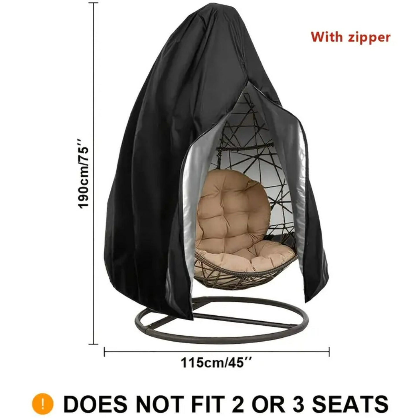 Egg chair cover with Zipper, Patio Hanging Swing Chair Cover, waterproof and dustproof,suitable for outdoor furniture,75x45 inches