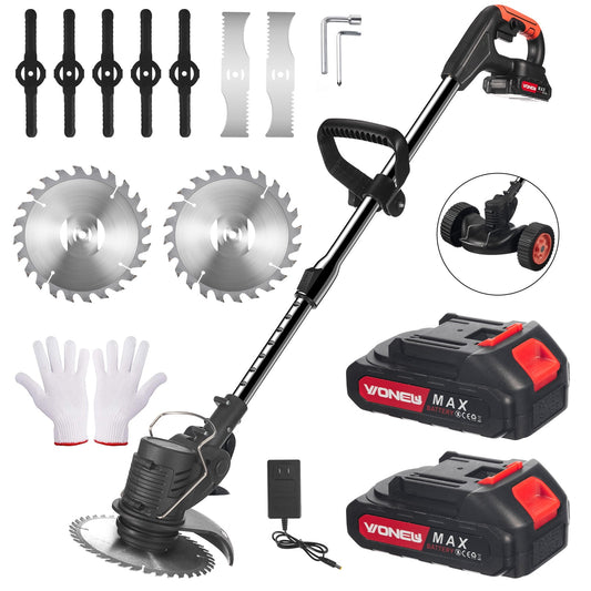 Cordless Electric Weed Wacker String Trimmer, 1880W Weed Wacker Lawn Grass Edger Tool Electric Brush Cutter with 3 Types Blades and Adjustable Handle