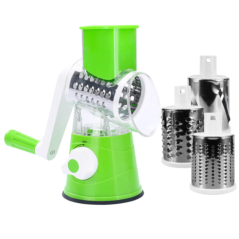 Rotary Cheese Grater Shredder Chopper Round Tumbling Box Mandoline Slicer Nut Grinder Vegetable Slicer, Hash Brown, Potato with Strong Suction Base (Green)