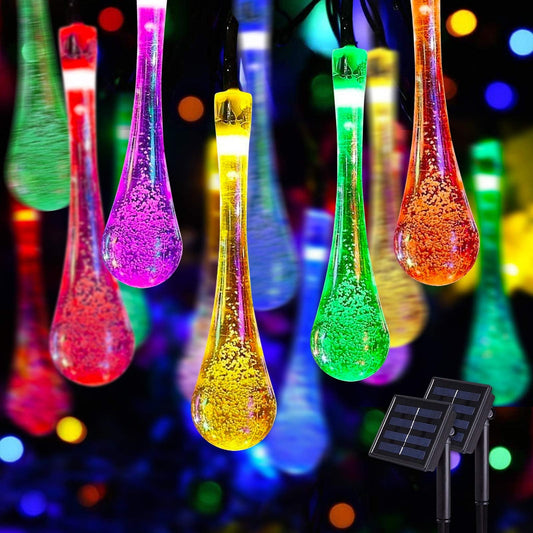Solar String Lights Outdoor Waterproof, Waterdrop Colorful Fairy Lights with 8 Modes, Solor Christmas Lights