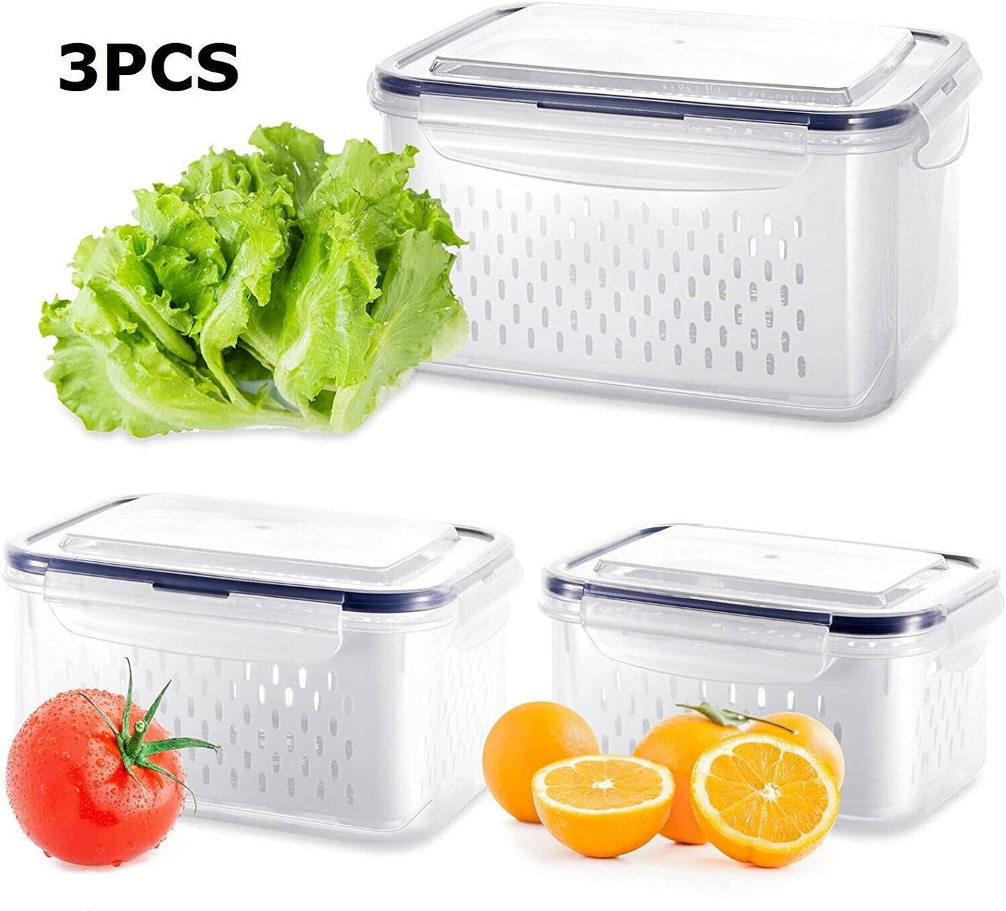 3 Pack Vegetable Fruit Storage Containers For Fridge With Lids Drain Colanders Refrigerator Organizations Storage For Spinach Strawberry Berry Salad Cheese Lettuce