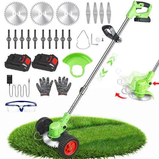Electric Cordless Lawn Trimmer, 21V Weed Wacker with Wheels Grass Edger Tool for Lawn Yard Garden