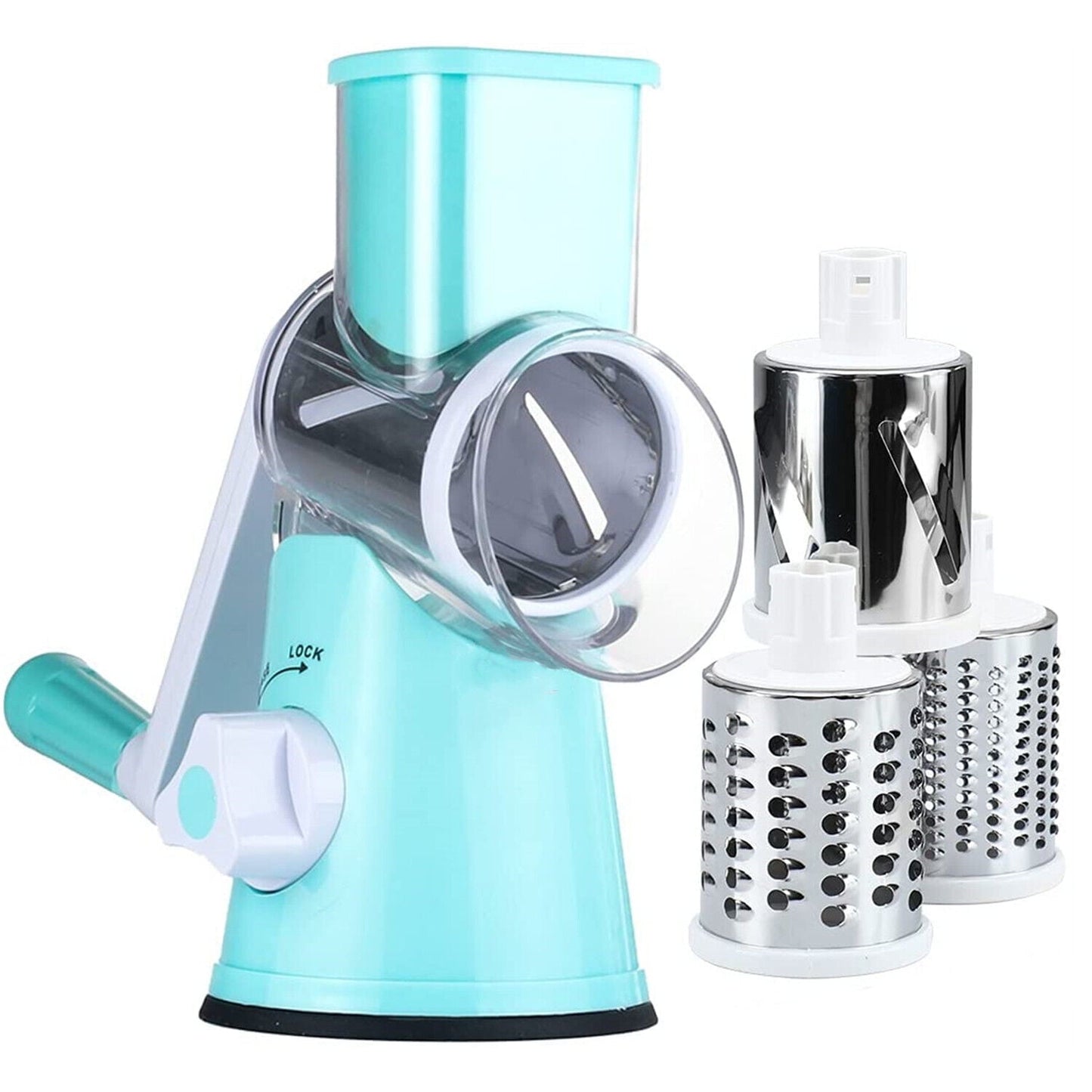 Rotary Cheese Grater Shredder Chopper Round Tumbling Box Mandoline Slicer Nut Grinder Vegetable Slicer, Hash Brown, Potato with Strong Suction Base