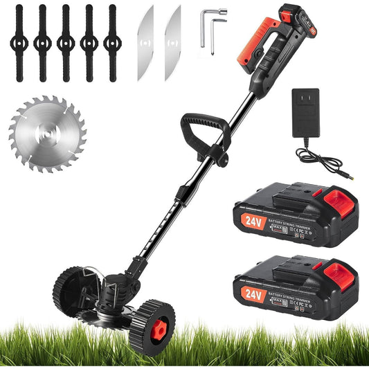 Cordless Brush Cutter 24V Lawn Mower with 2×2.0Ah Li-Ion Battery Powered and 3 Types Cutting Blade Push Wheeled for Yard and Garden