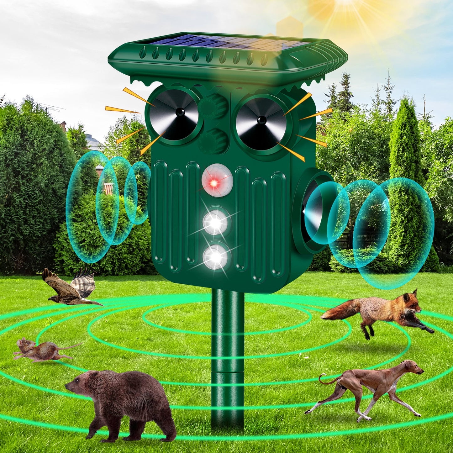 Outdoor Animal Repeller 360° Ultrasonic Solar Animal Repeller, Animal Deterrent Rodent Repeller Solar Powered Dog Repellent for Cat Raccoon Rabbit Deer