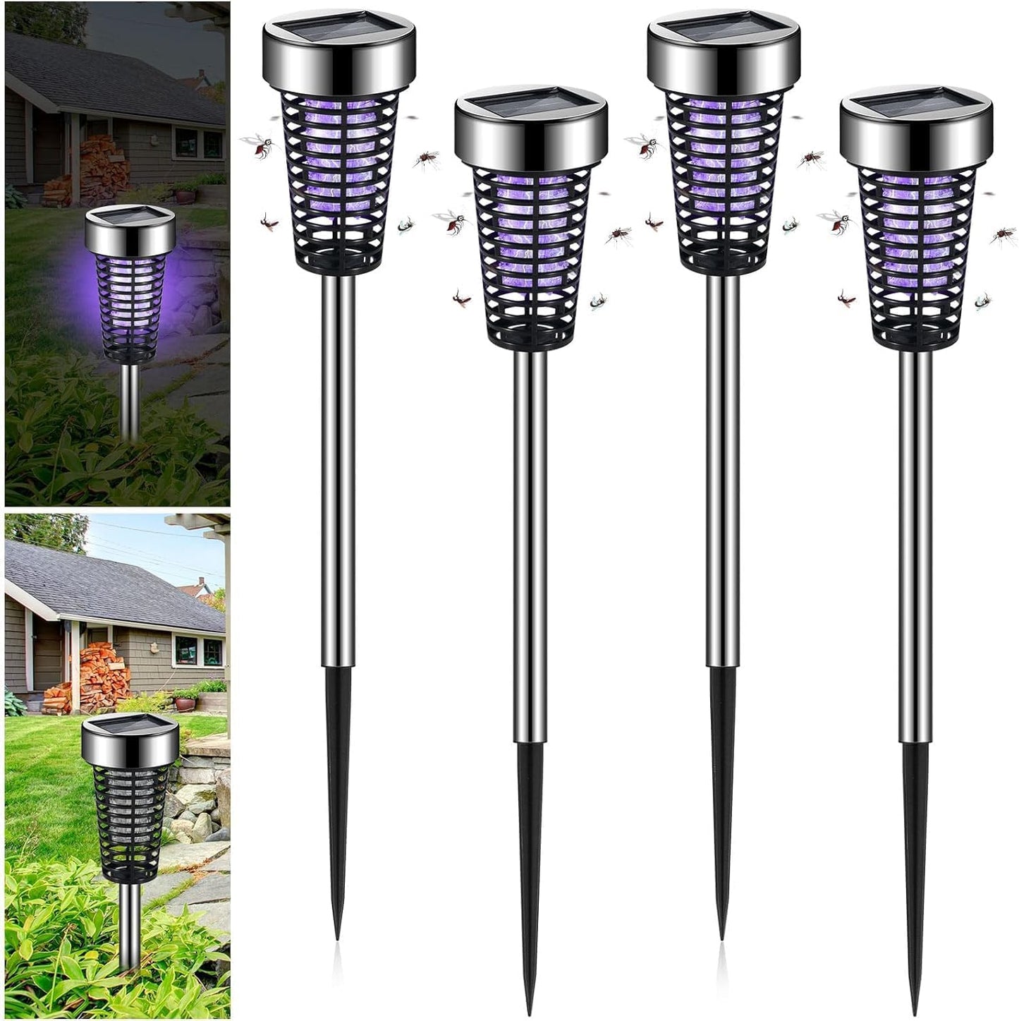 Solar Bug Zapper Outdoor - 4 Pack Stainless Steel Mosquito Killer for Patio Yard Garden - Waterproof Lighting Lamp