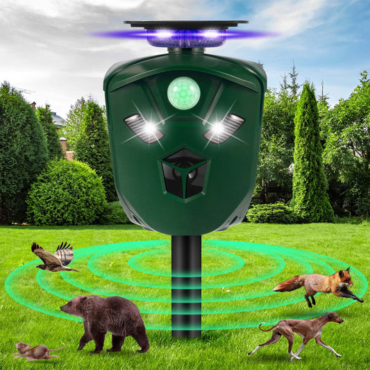 Ultrasonic Animal Repeller Solar Powered Cat Repellent Outdoor Waterproof with Motion Sensor LED Flashing Light 360° Deer Repellent