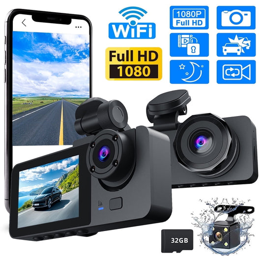 Car Dash Cam 3 Channel 1080P Dash Camera Front and Rear Dashcam with WiFi & 32GB Card Night Vision 24H Parking Mode Loop Recording