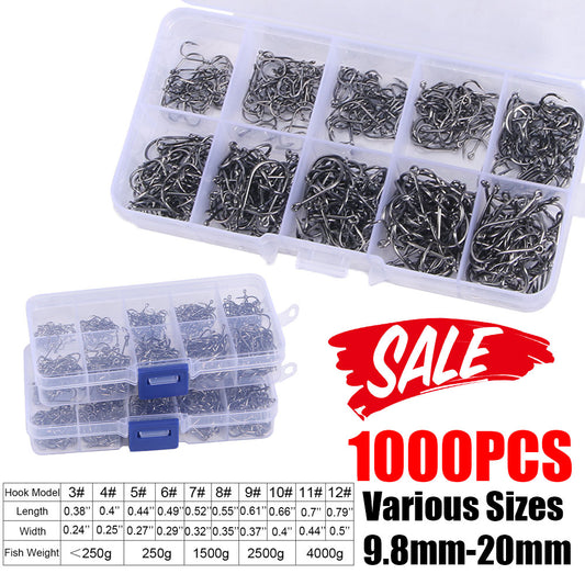 1000Pcs/Set Saltwater Fishing Circle Hooks Black Carbon Steel Bait Hook With Box