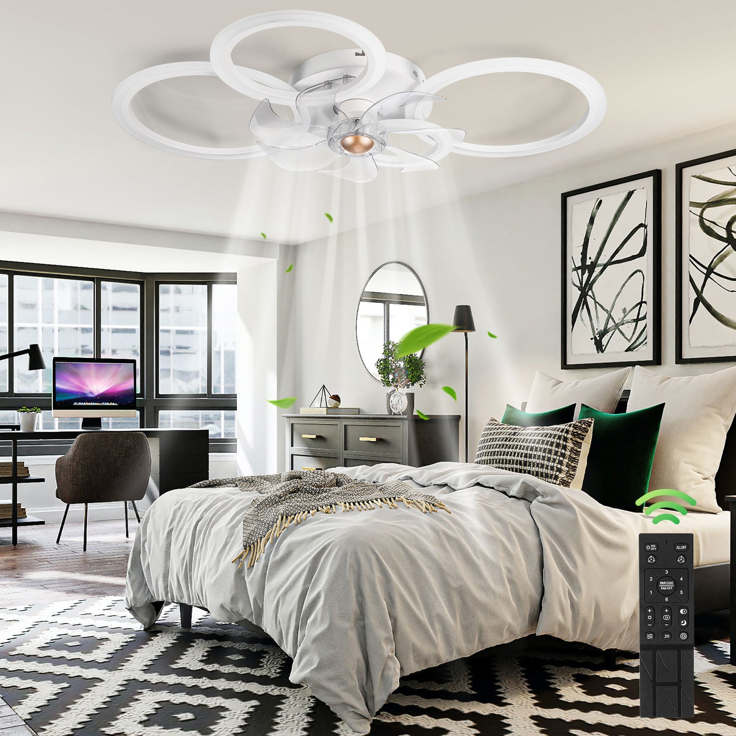 31"Ceiling Fans with Lights and Remote, Modern Low Profile Ceiling Fan Lights, 7-Blade LED Dimmable Bladeless Ceiling Fans with Lights for Bedroom,Living Room,Dining Room,Color Changeable