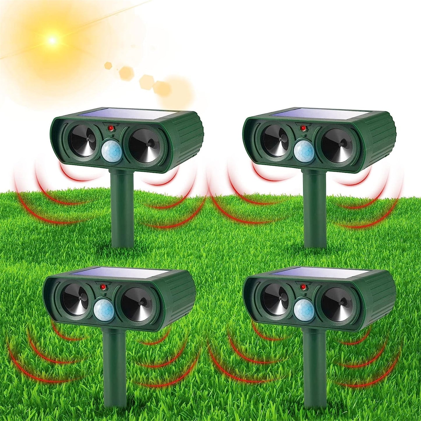 4 Pack Ultrasonic Deer Repellent Solar Animal Repeller Outdoor Waterproof with Motion Sensor Red Light Deterrent for Raccoon Rabbit Coyote Squirrel Deer Cat Dog Skunk Fox Etc