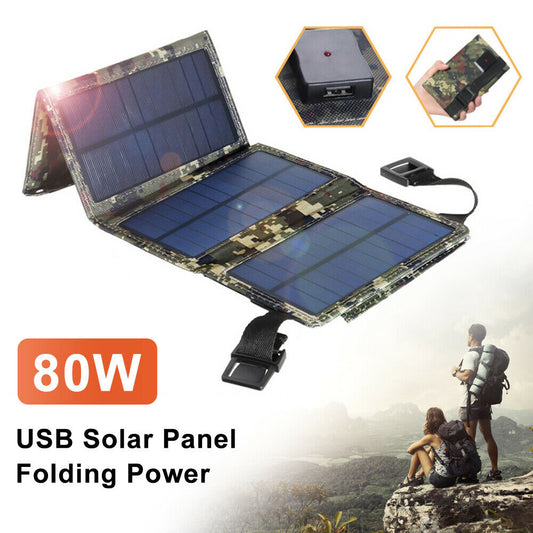 80W USB Solar Panel Folding Power Bank Outdoor Camping Hiking Phone Charger US