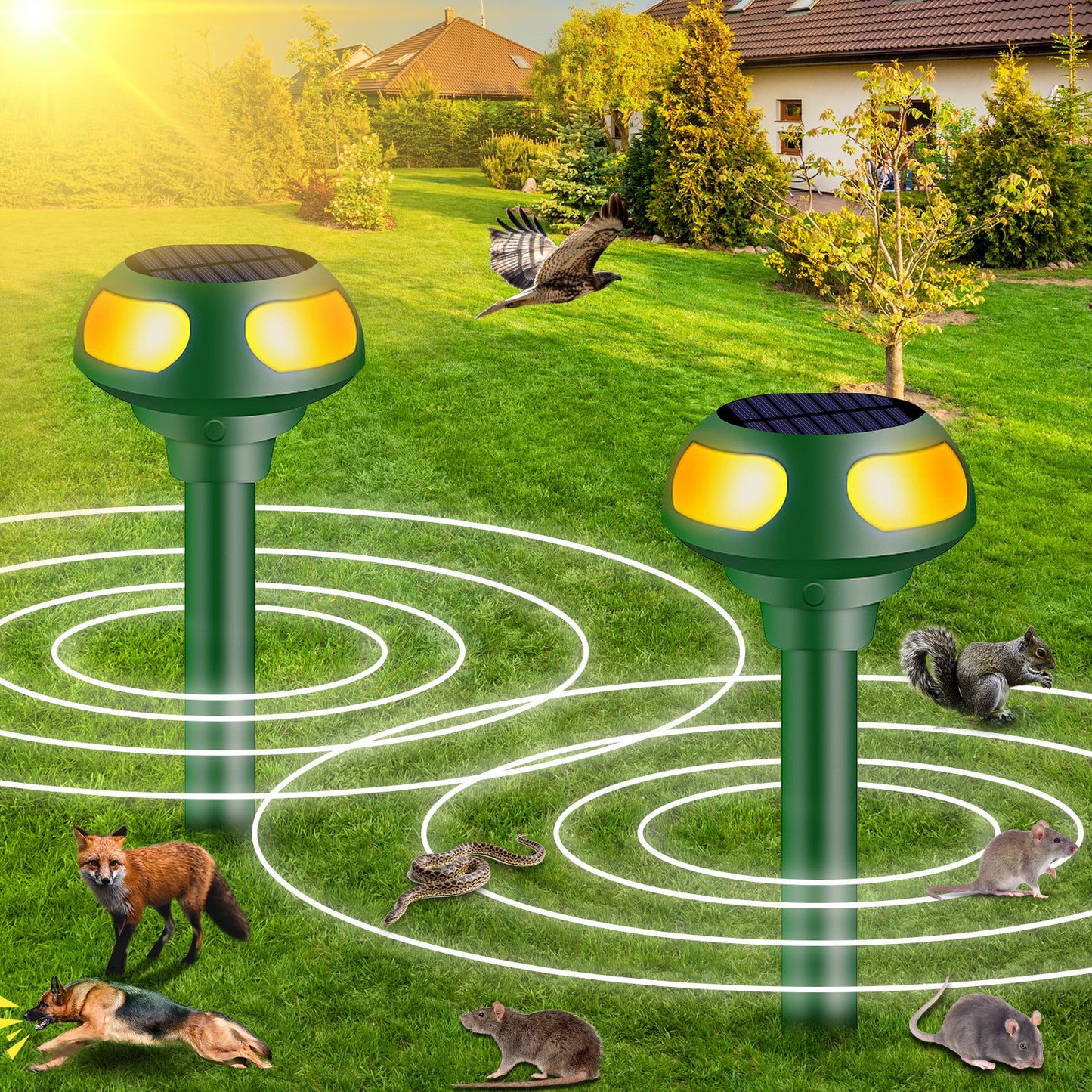 JahyShow Solar Animal Repellent, 2Pack with Sound & Light Outdoor Pest Control Device Farm Yard Protection