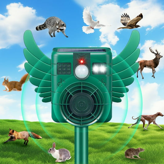 Solar Animal Repeller Outdoor, Ultrasonic with Motion Sensor LED Flash Light, Waterproof IP66 to Repel Deer Dog Rabbit Raccoon Coyote Skunk