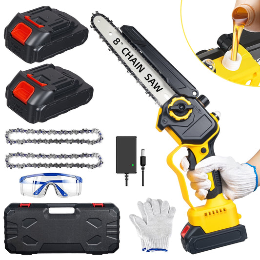 Mini Chainsaw Cordless, 8 inch 21V Electric Chainsaw Battery Powered, Handheld Mini Chain Saw with 2 Batteries and 2 Chains