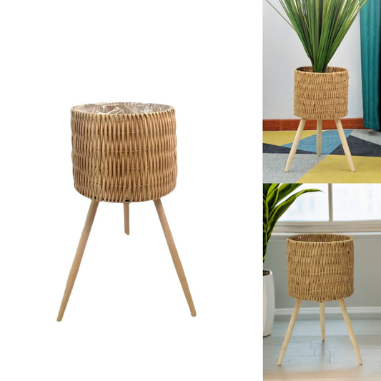 Plant Rack, Garden Planter Floor Standing Round Wooden Rattan Flower Basket Flower Rack Planter & Stand Set with Wood Legs