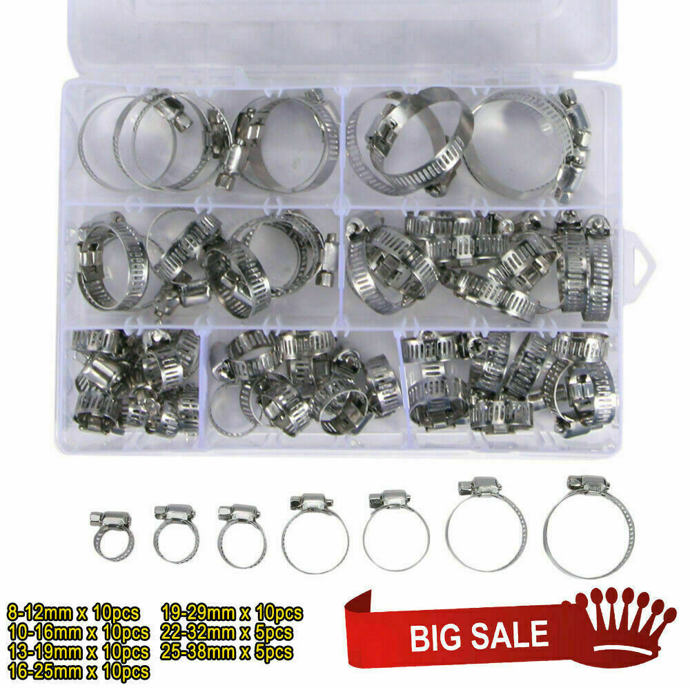 60 Pieces Adjustable Hose Clamps Worm Gear Stainless Steel Clamp Assortment