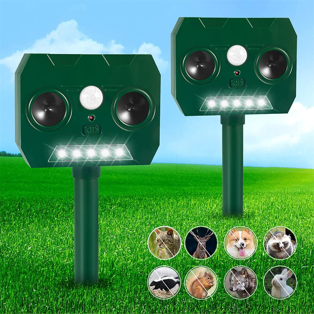 Outdoor Solar Animal Deterrent Motion Activated Waterproof Strobe Light Dual Speaker Green ABS Squirrel Repeller-2Pack