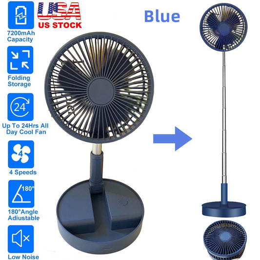 Portable Folding Stand Fan USB Rechargeable - Telescopic Table Floor Fan for Cooling Comfort(Blue)