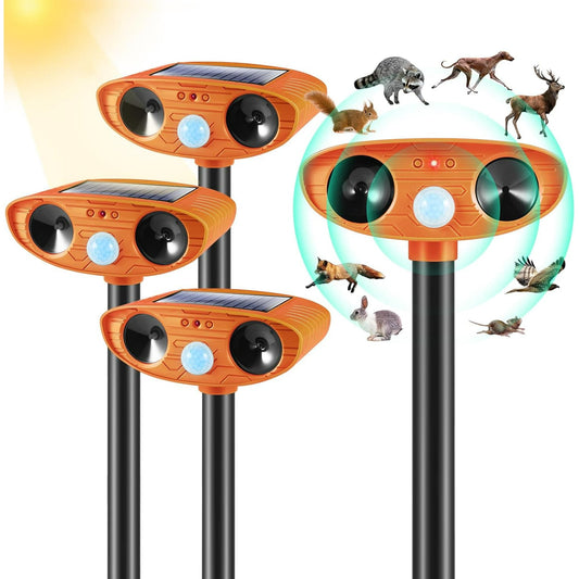 4 Pack Solar Outdoor Animal Repellent - Motion Sensor, LED Light, Alarm Sound - Cat & Deer Deterrent for Garden Farm