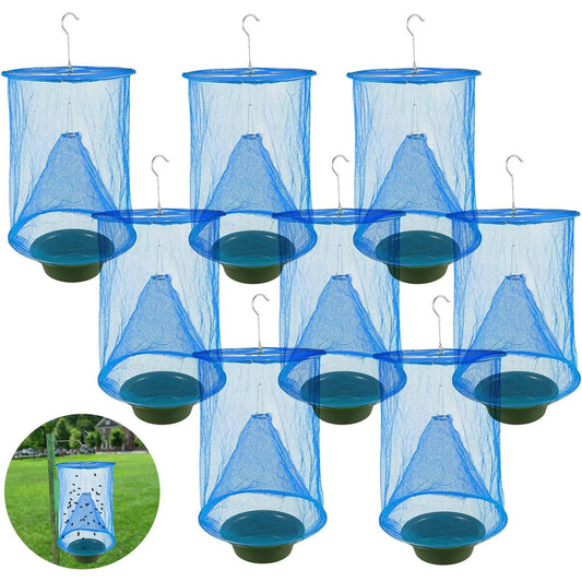 8 Pcs Fly Traps Outdoor Hanging Stable Pest Control Fly Trap with Bait Tray, Reusable Horse Fly Killer Fly Catcher Cage for Ranch Garden Orchard Home Farm Park (Blue)