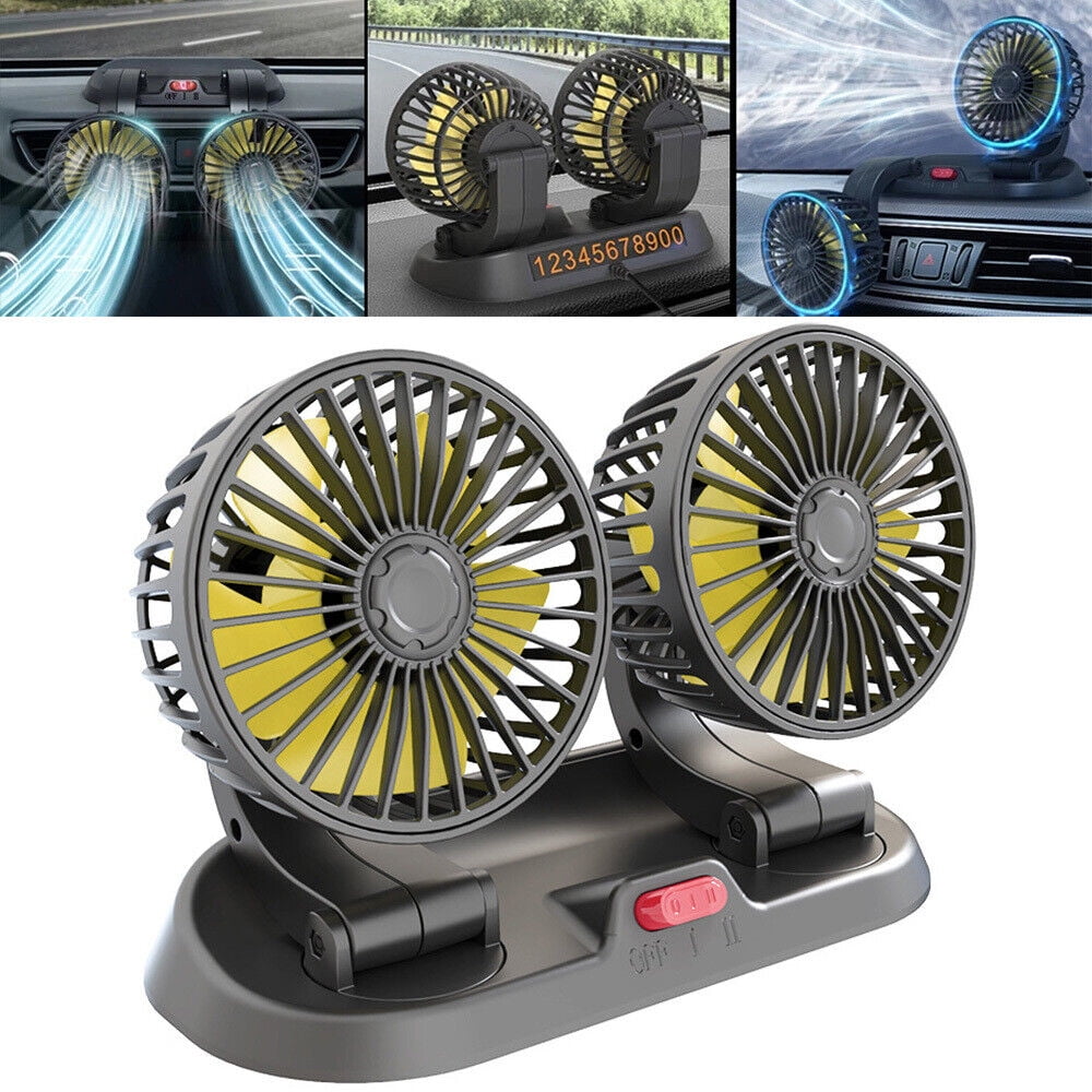 Car Dual Head Fan Portable Vehicle Truck 360° Rotatable Auto Cooler Air Fan 12V