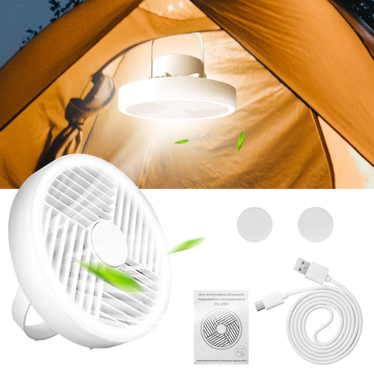 Portable Camping Hanging Fan with Led Lighting Fan Adjustable USB Rechargeable for Bedroom Living Room(White)