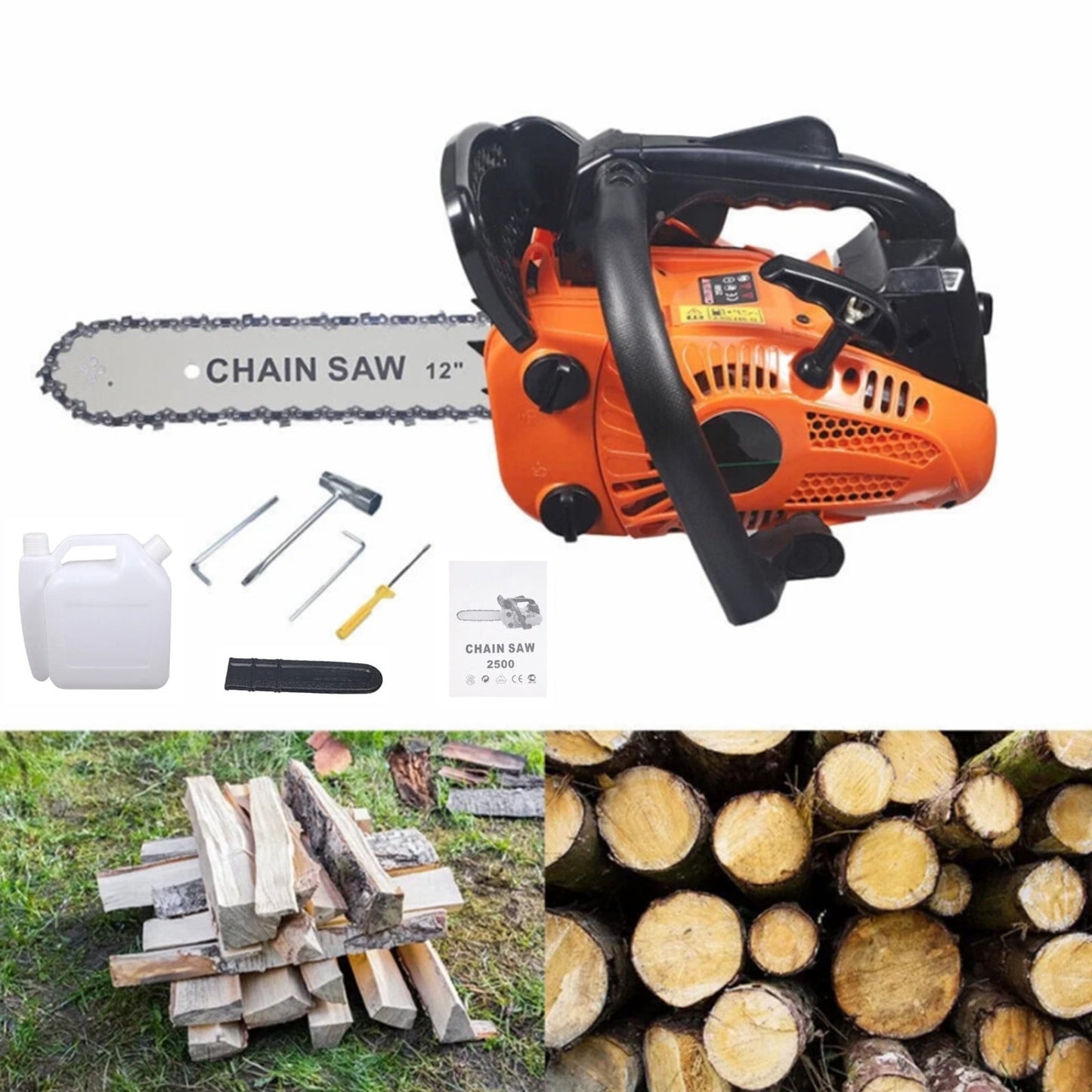 Premium 2500 ChainSaw Gasoline Engine Anti-Vibration Handle 12'' Bar Chain Orange