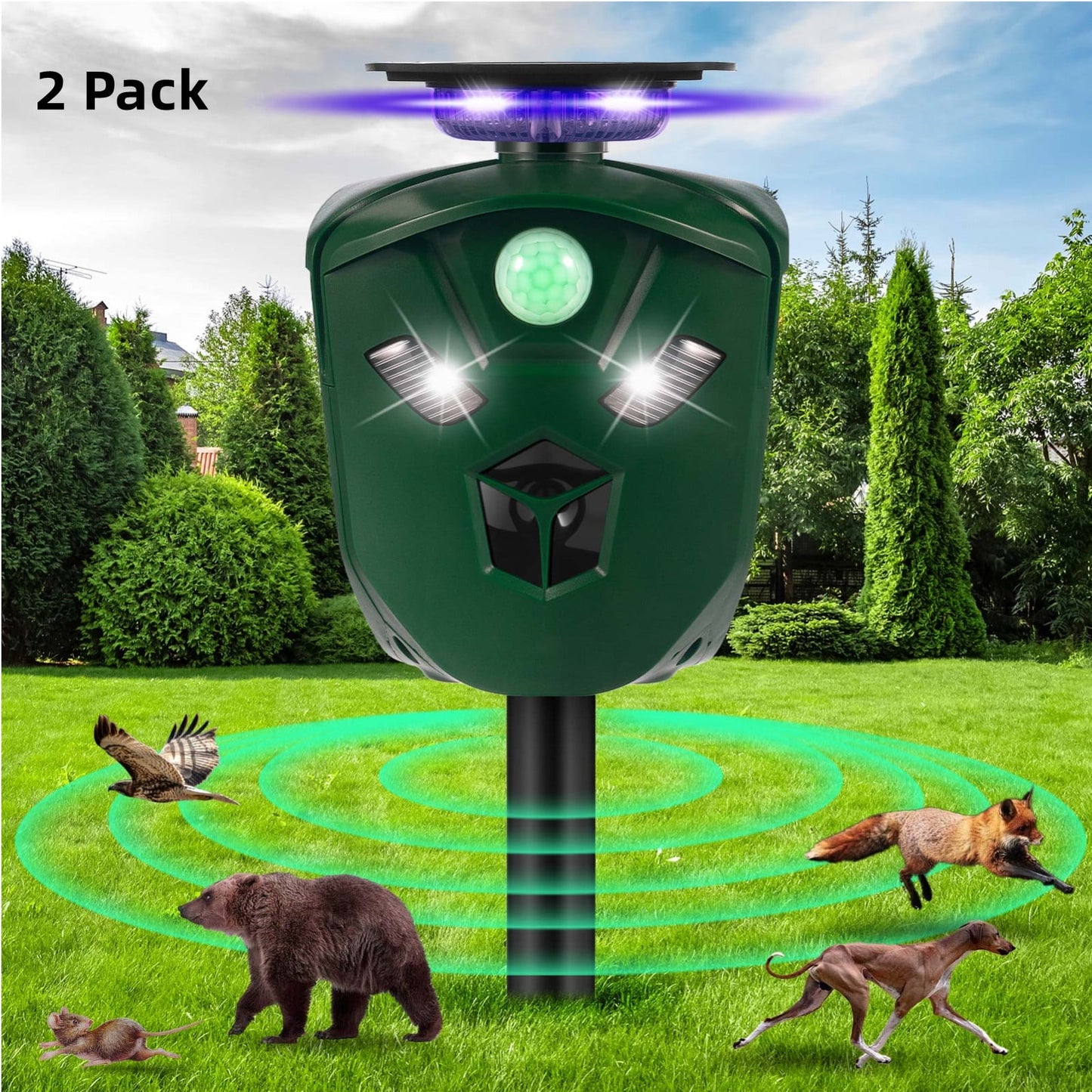Ultrasonic Animal Repeller Solar Powered Cat Repellent Outdoor Waterproof with Motion Sensor LED Flashing Light 360° Deer Repellent for Cat, Squirrels, Skunk, Fox, Raccoon, Rabbit(2 Pack)