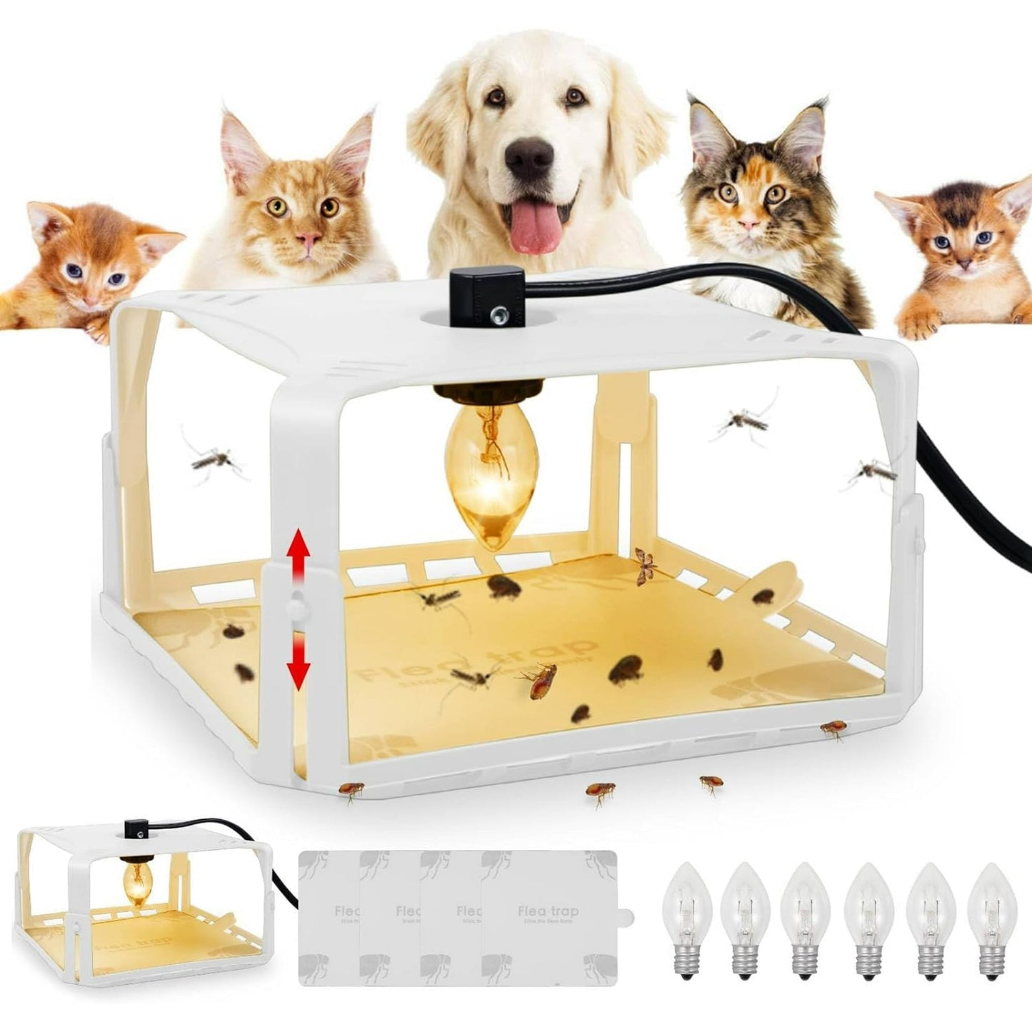 Pest Control Flea Trap Kit, 2 Electric Indoor Flea Lights with Sticky Plates & Wires, Effective Gnat Control, White
