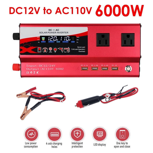 Pure Sine Wave 12V 900W Continuous 6000W Surge Power Inverter LED Display for Truck