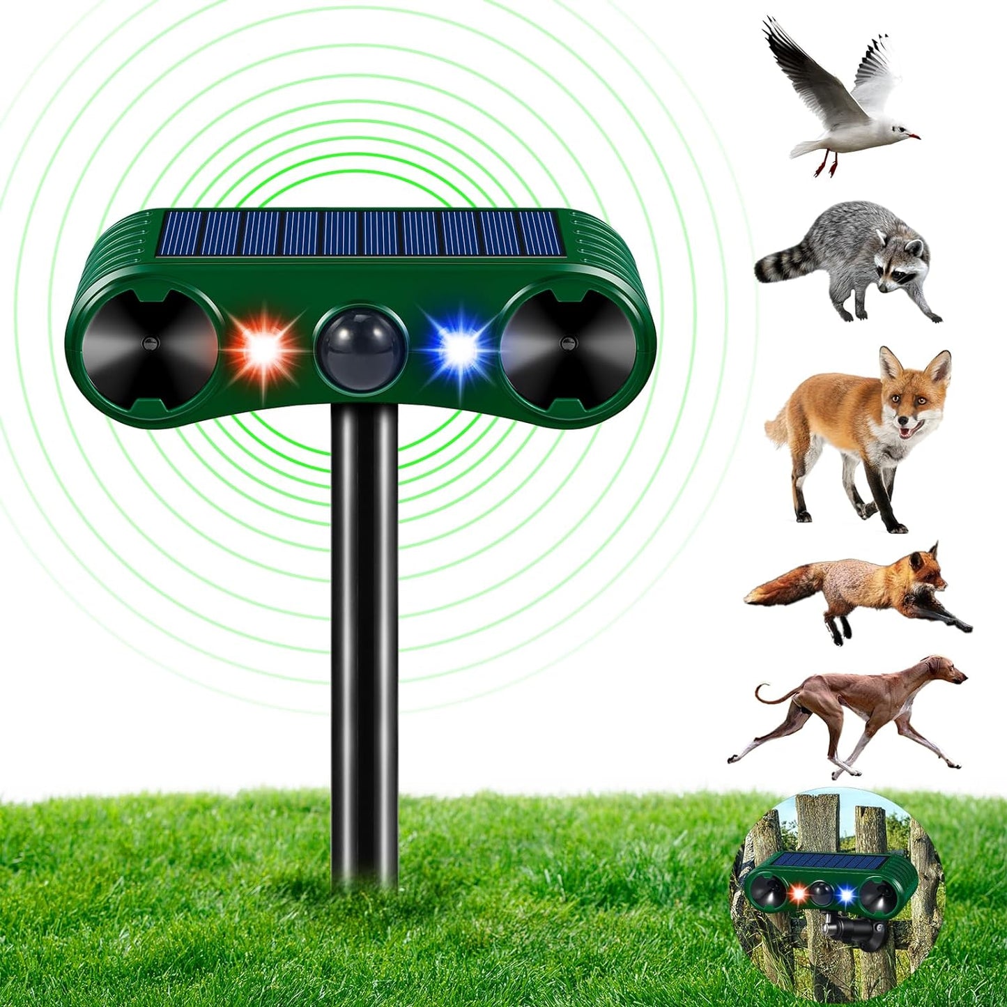 Solar Animal Repeller with PIR Sensor - Deer Cat Dog Squirrel Raccoon & Rabbit Deterrent - Ultrasonic Outdoor Device