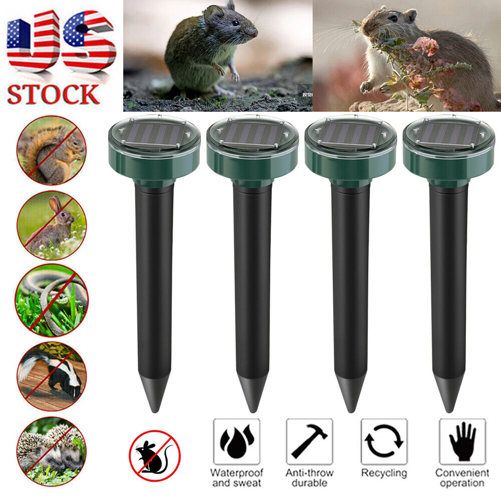 Solar Mole Repellent, Ultrasonic & Solar Powered Gopher Repellent, Waterproof Sonic Groundhog Repeller Rodent Gopher Deterrent Vole Chaser for Outdoor Use (4 Pack)