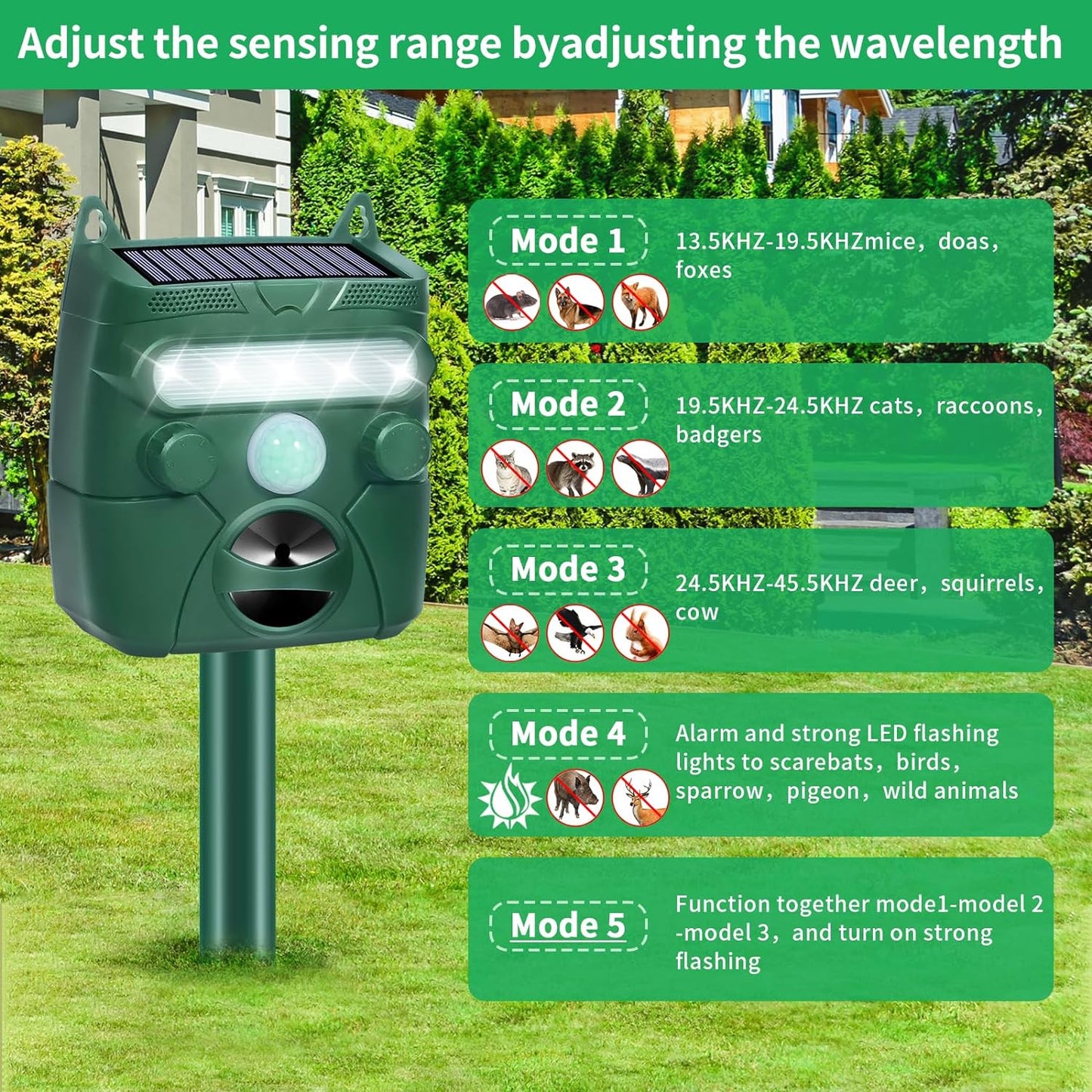 Solar Ultrasonic Animal Repeller.Cat Repellent Outdoor. Motion Activated and Blinking LED Light Siren Mosquito Repellent for Deer, Bird, Cat ,Dog,Raccoon, Skunk, Squirrel, Rabbit, etc Green