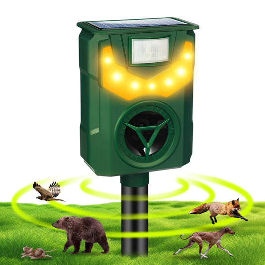 Ultrasonic Animal Repeller Solar Powered Outdoor,Deer Repellent Devices with Motion Sensor Flame Light Waterproof Animal Deterrent for Deer Raccoon Cat Squirrel Skunk Dog Rabbit Coyote and More