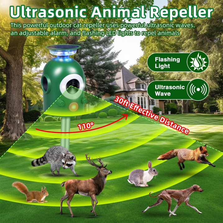 JahyShow Solar Animal Repellent, Outdoor Ultrasonic Control Squirrel Deer Repellent Deterrent with IP66 Waterproof, for Dog Mouse Raccoon Skunk, Garden Farm Yard