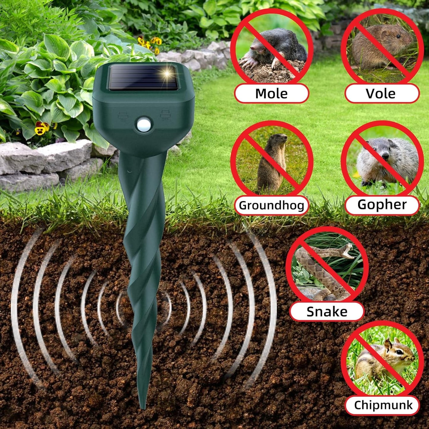 4 Pack Ultrasonic Mole Repellent Stake, Solar Powered Waterproof Spikes for Effective Yard & Garden Pest Control
