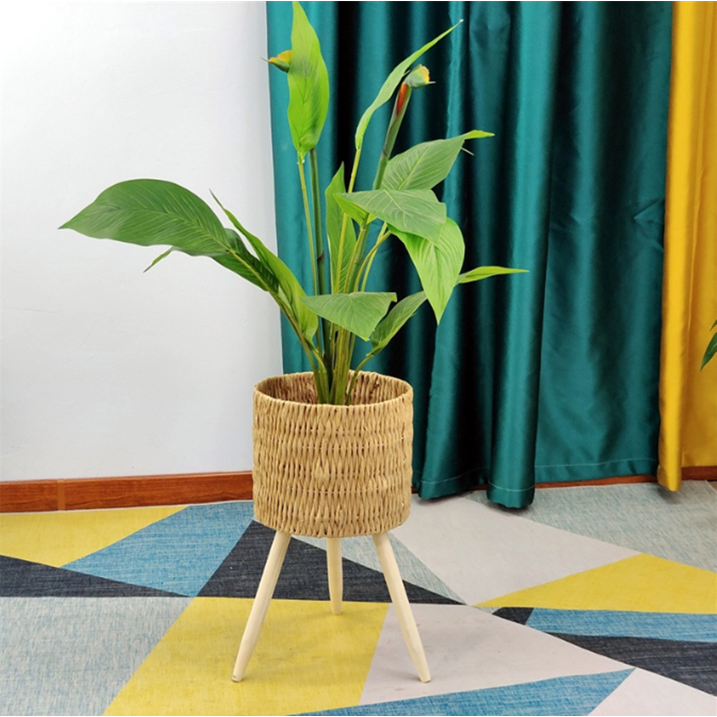 Plant Rack, Garden Planter Floor Standing Round Wooden Rattan Flower Basket Flower Rack Planter & Stand Set with Wood Legs