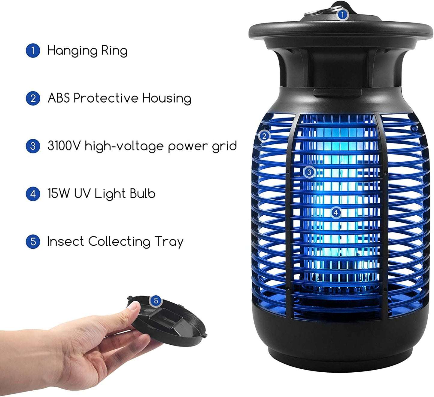 Safe & Effective Bug Zapper, Fly Traps for Indoors and Outdoors, 4250V High Powered Electric Insect Trap, Waterproof Mosquito Killer for Home Patio Office