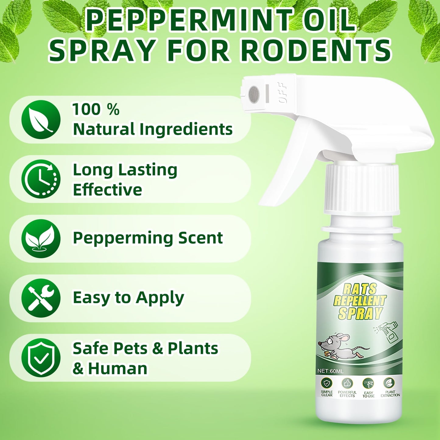 Peppermint Oil Mice & Rodent Repellent Spray for House and Car Engines, Humane Mouse Trap Substitute 60ml/2.02 fl oz 2 Count