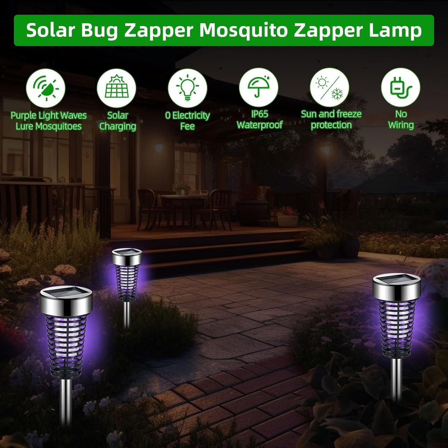 Solar Bug Zapper Outdoor - 4 Pack Stainless Steel Mosquito Killer for Patio Yard Garden - Waterproof Lighting Lamp