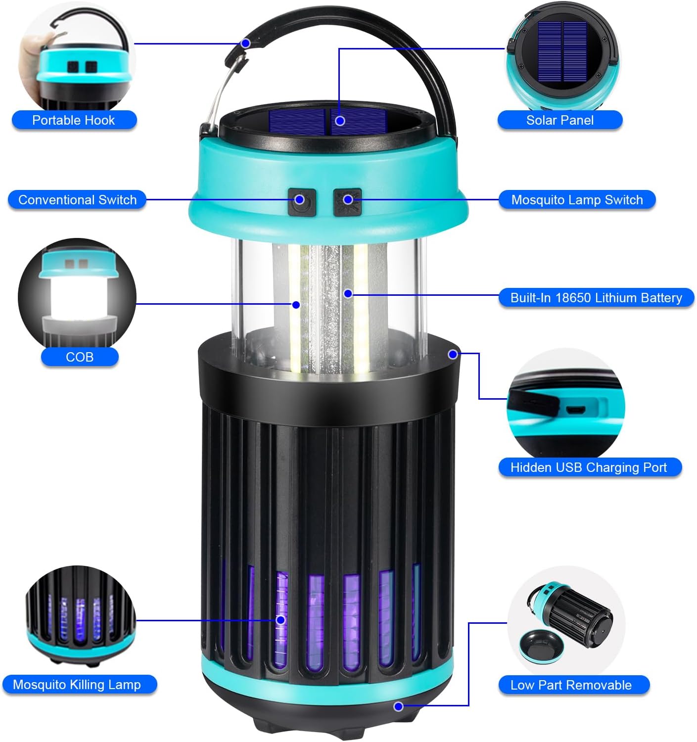 3 in 1 Bug Zapper, Rechargeable Bug Zapper Outdoor Indoor Fly Trap Waterproof, Mosquito Zapper with Emergency Light for Home, Solar Bug Zapper Outdoor for Home, Backyard, Camping