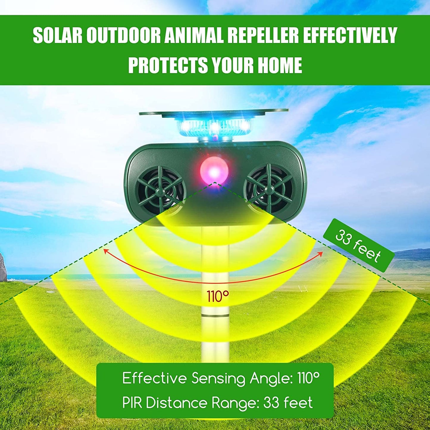 Ultrasonic Animal Deterrent Outdoor Solar Animal Repeller with Motion Sensor Flashing Light Waterproof Animal Repellent for Squirrel Deer Raccoon Rabbit Dog Skunk Fox Protect Farm Yard Garden