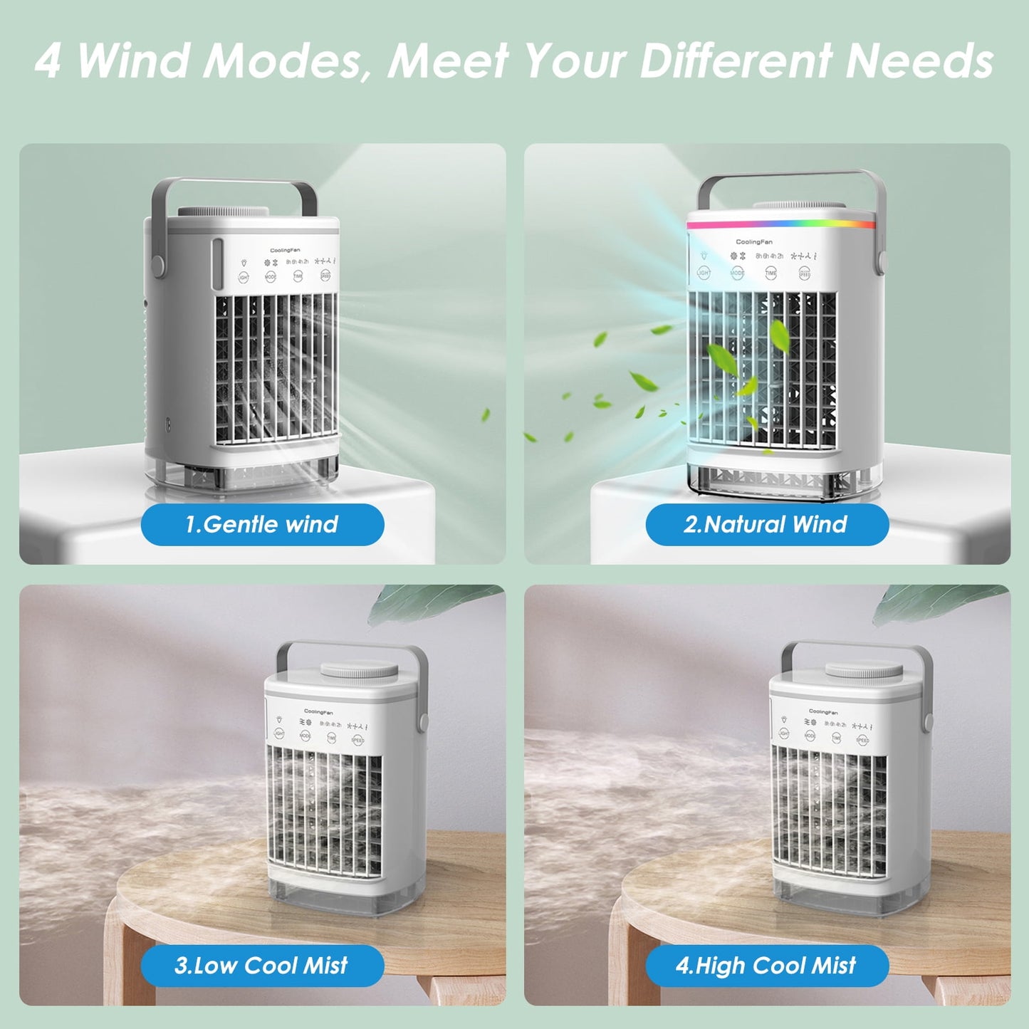 4 Speed USB Rechargeable 7 LED Portable Evaporative Air Cooler, White