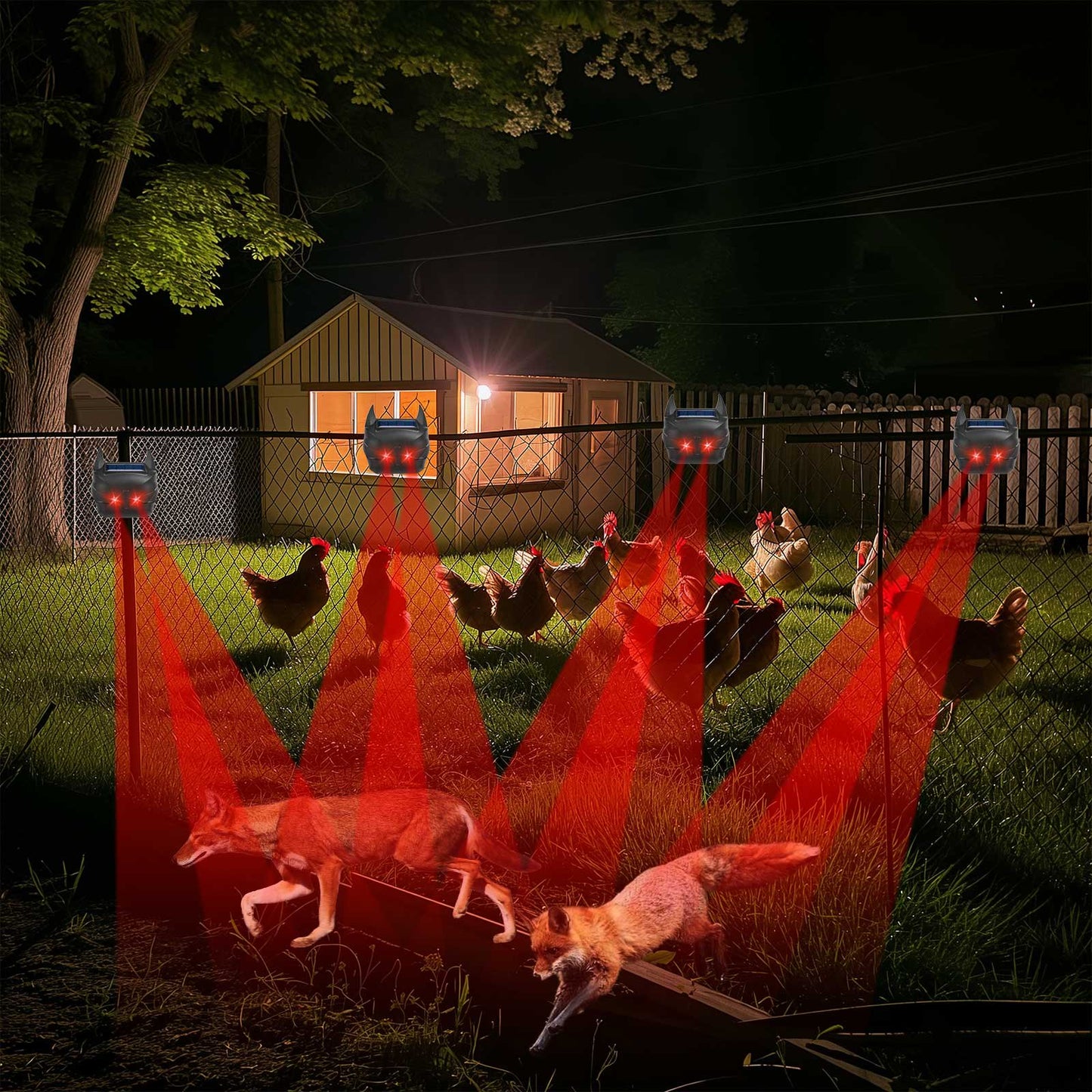 Solar Animal Repellent Outdoor Bright Red Light 2024 Upgraded Predator Lights for Chicken Coop Humane Deterrence - 4 Pack