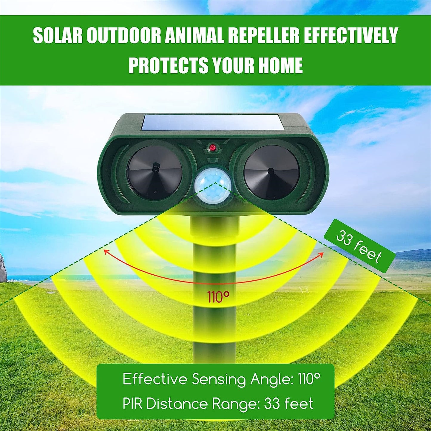 4 Pack Ultrasonic Repellent Solar Animal Repeller Outdoor Waterproof with Motion Sensor Red Light Deterrent for Raccoon Rabbit Coyote Squirrel Deer Cat Dog Skunk Fox Etc